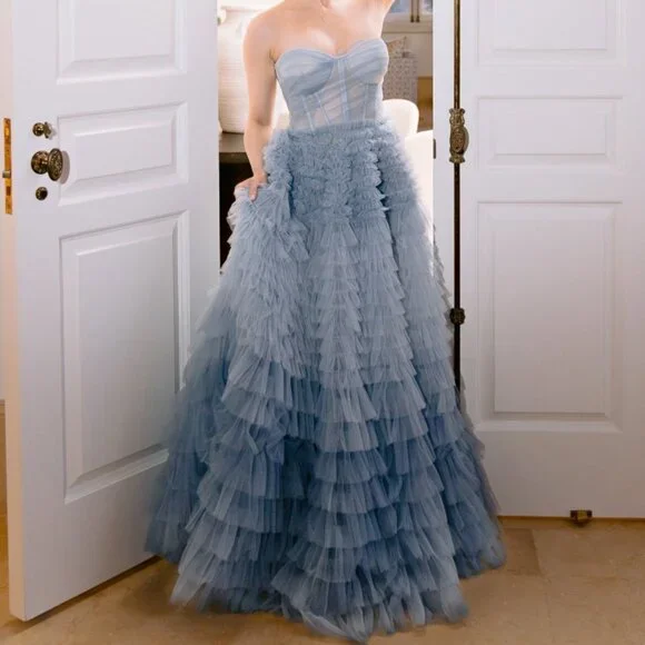 its milla blue tulle ball gown dress w/ train sleeveless corset bodice S small - Picture 7 of 11